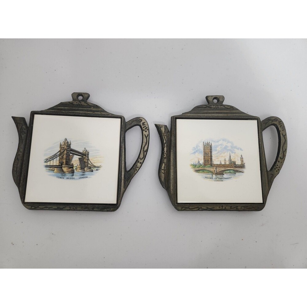 Vintage 2 Cast Iron Tile Trivets Made in England Footed Tower Bridge Parliament